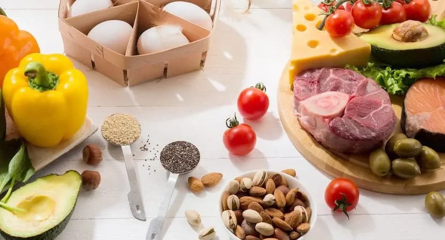 Variety of healthy foods such as vegetables, meat, fish, nuts and seeds for good nutrition