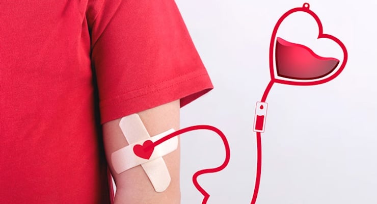 Ilustración de un brazo con una curita de corazón conectado a una bolsa de sangre en forma de corazón, representando el regalo de vida.