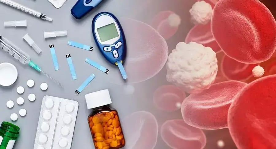 Medications, syringes and glucometer next to an illustration of blood cells related to diabetes.