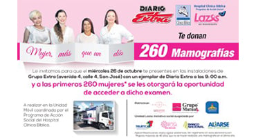 Afiche informativo sobre donación de 260 mamografías realizada por la Unidad Móvil Lazos y Grupo Extra