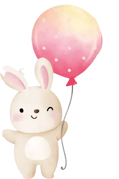 Ilustración infantil de conejo sonriente con globo rosa.