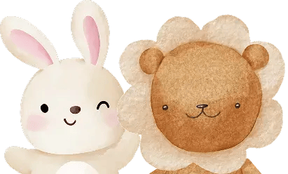 Ilustración infantil de conejo y león sonrientes estilo acuarela.