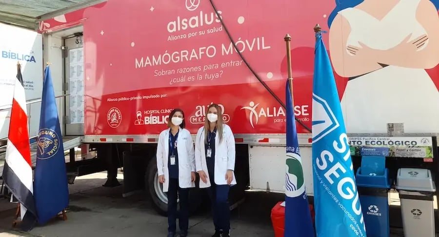 Médicas con bata blanca posando junto a la unidad móvil de mamografías frente a banderas y rótulos informativos.