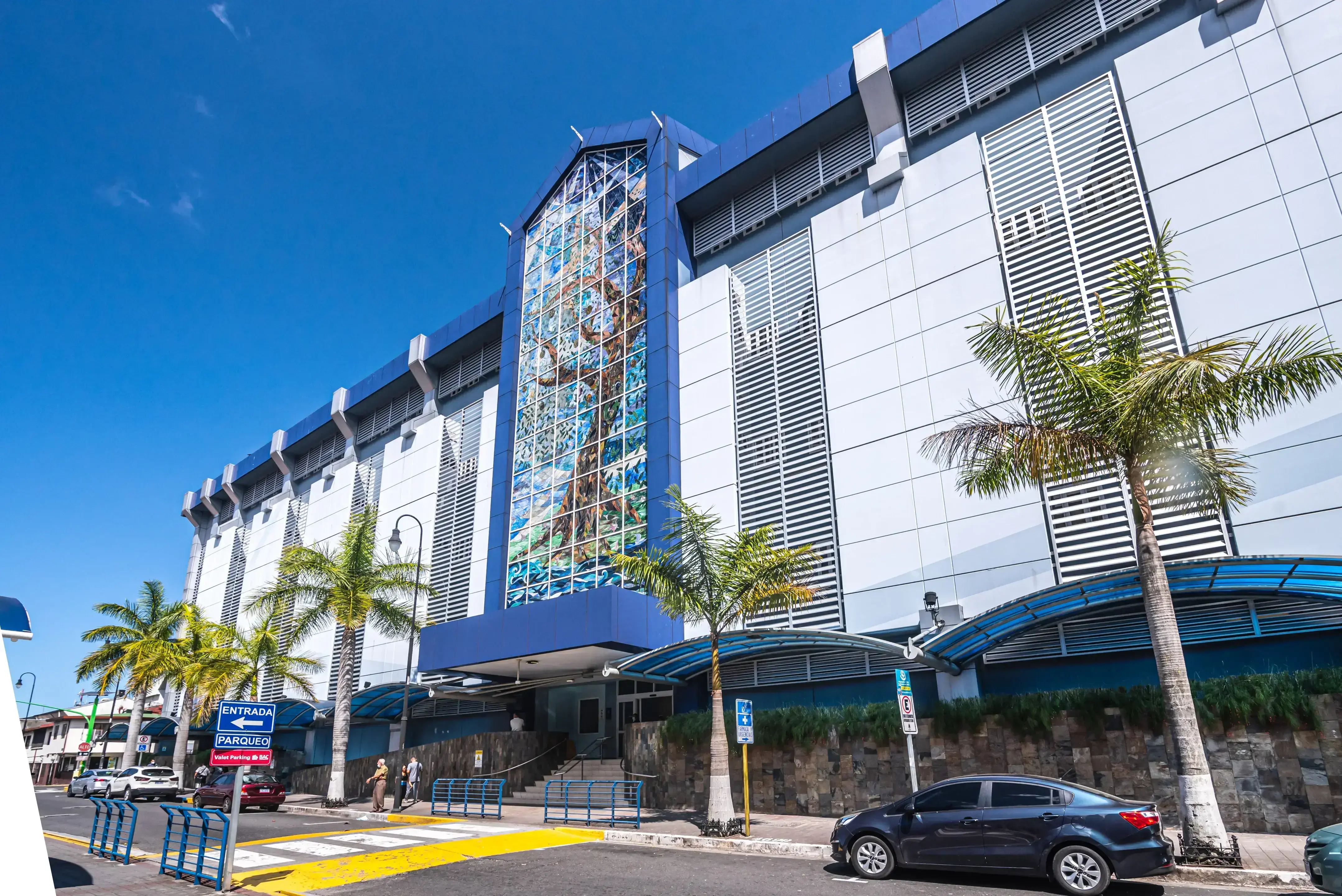 Exterior facade of the hospital with tall windows and palm trees in front.